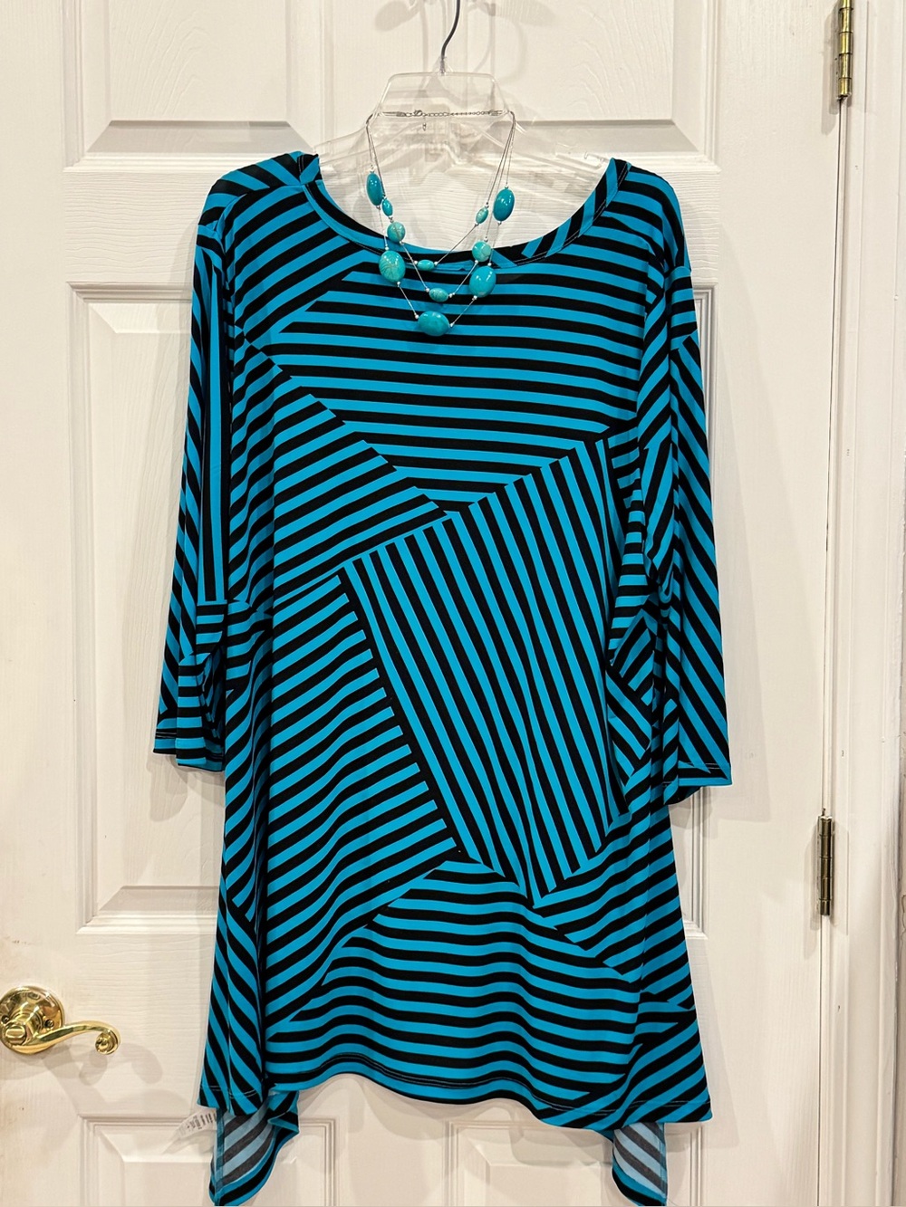 Woman Within Teal and Black Geometric Striped Tunic